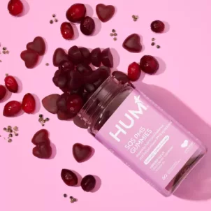 HUM Nutrition SOS PMS gummies for relief from bloating, hormonal acne, irritability, and more PMS symptoms