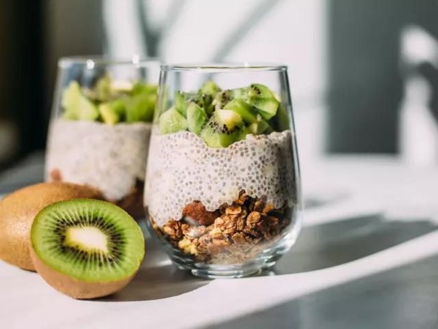 High-fiber chia pudding with kiwi from Trader Joe's