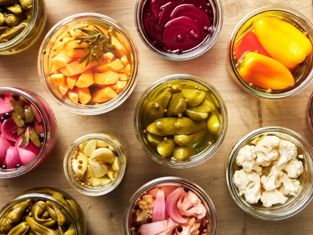 Overhead view of pickled vegetables that contain prebiotics and probiotics