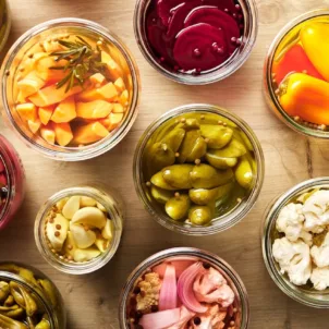 Overhead view of pickled vegetables that contain prebiotics and probiotics