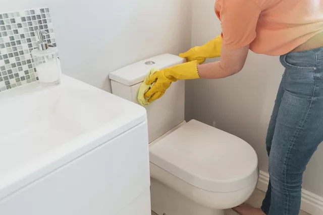 Woman deep cleaning her bathroom