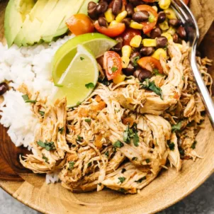 Close up of a chicken burrito bowl based off the Chipotle menu