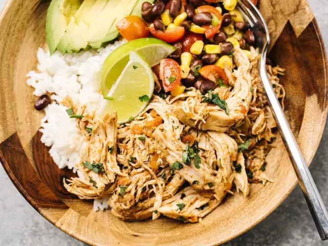 Close up of a chicken burrito bowl based off the Chipotle menu